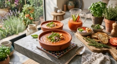 Традиційний іспанський часниковий суп Sopa de ajo з хлібом та бульйоном
